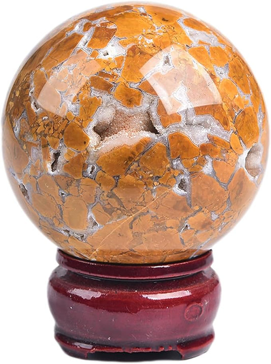 JIC Gem Yellow Agate Crystal Ball Sphere Yellow Healing Crystal Gemstone Ball with Display Stand Home Decor Meditation Grid Energy Balance (50-60mm)