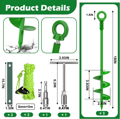 3 Pack 18" Tree Stake Kit, Heavy Duty Spiral Stakes and Supports for Leaning and Young Trees Straightening, Protect Trees from Bad Weather (Green)