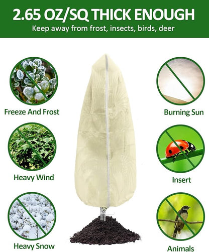 EAONE 4 Pack Plant Covers Freeze Protection, 47x71'' Winter Frosts Cloth for Outdoor Plants, Reusable Frost Blankets Drawstring Bags for Cold Freeze Sun Protection Bird Insect Prevention, Beige