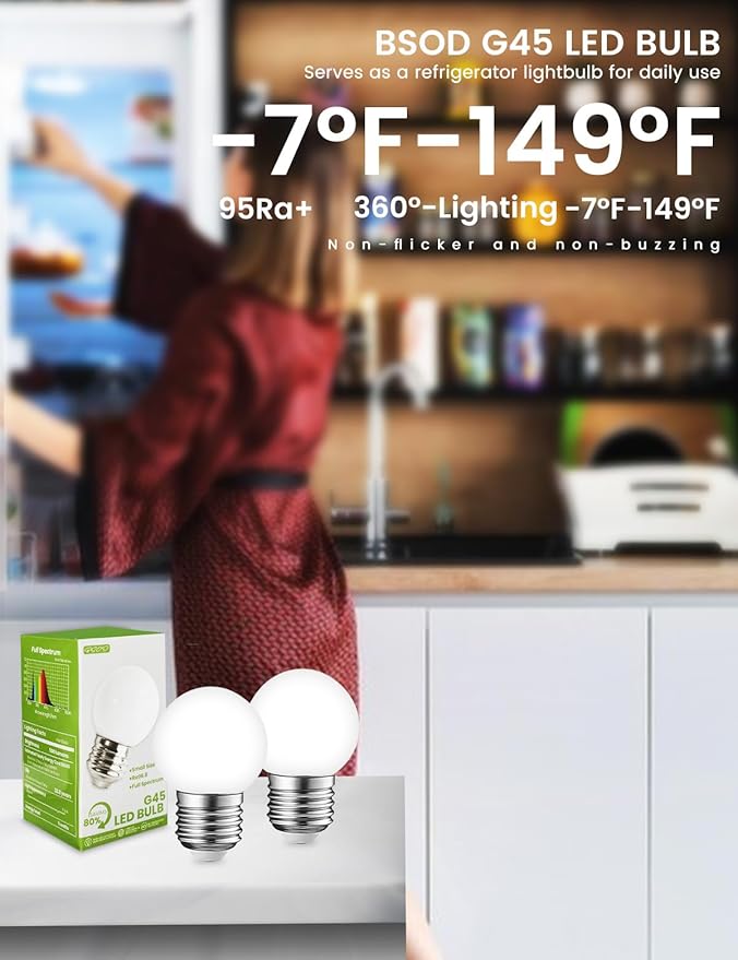 BSOD Refrigerator Light Bulb, 6000K Daylight Light Bulbs 95+ CRI, LED 5W Eq 40W, 120V E26 Base G45 Globe Small Lightbulbs, Vanity Waterproof Full Spectrum for Fridge, Bathroom, Office, Plants...