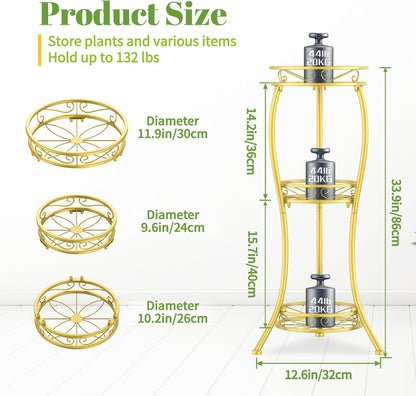 iDavosic.ly 3 Tier Tall Metal Plant Stand Indoor Outdoor, Wrought Iron Corner Flower Pot Holder Shelf, 34 Inch Vertical Display Rack for Patio Porch Living Room Garden, Gold