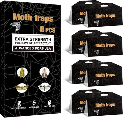 Upgraded Moth Traps, Double Potent Pantry & Clothes Traps with Pheromones Prime, No Toxic & Odorless Meal Moth Trap, Organic Sticky Moths Balls Repellent with Lure for Closet, Kitchens -8Pack