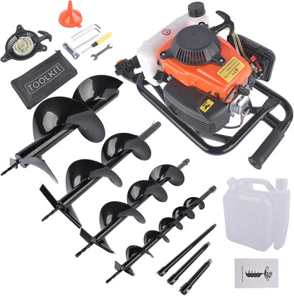 Gas Powered Post Hole Digger Earth Auger - 72cc 4-Stroke Engine with 4"/6"/8"/12" Drill Bits & 8"/12"/20" Extension Rods for Farmland, Garden, Planting