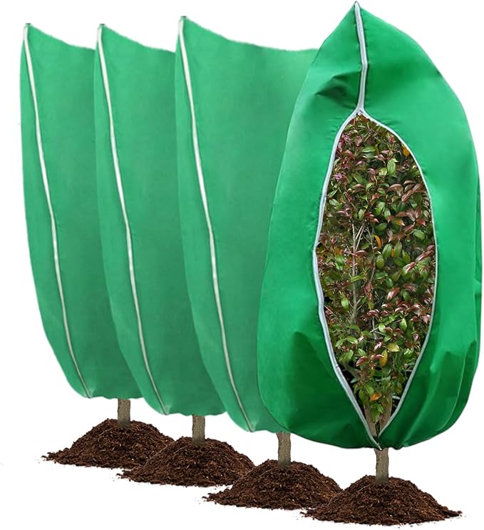 4 Pack Winter Plant Covers Freeze Protection, Frost Blankets Cloths With Zipper/Drawstring, Frost Cloths for Outdoor Plants Protecting Fruit Tree Potted Plants from Freezing(31.5" x 47.3",Green)