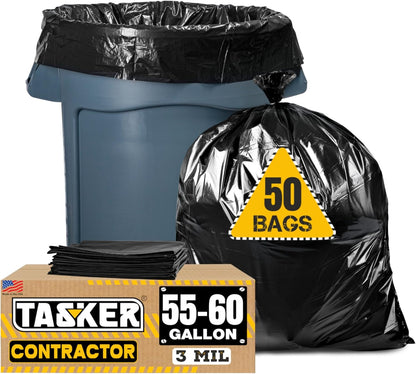 Tasker Contractor Garbage Bags 55 Gallon, 3 Mil Black Contractor Garbage Bag (50 Bags w/Ties) Large 55 Gallon Trash Bags Heavy Duty Liners, Extra Large Trash Liners for Construction, Industrial Bag