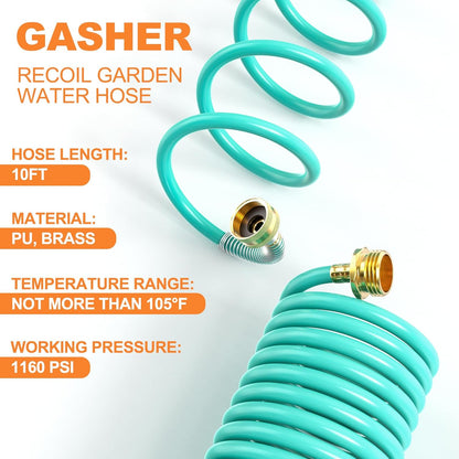 GASHER 10FT PU Recoil Garden Water Hose with 3/4"Inch Brass Fittings Retractable, Swivel Female for Boating, Pool & Spa, RV, Home and Garden（Blue)