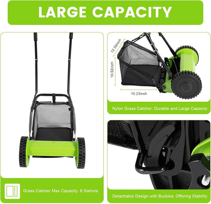 Push Lawn Sweeper, 12 Inch 5 Blade Manual Push Reel Lawn Mower with 23L Collection Bag, Adjustable Push Lawn Sweeper Grass Catcher Outdoor Power Tools for Picking up Leaves, Grass and Debris on Lawns