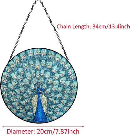 Hanging Stained Glass for Windows,20cm/7.87inch Peacock Hand-Painted Sun Catcher Garden Hangings Christmas Mother's Day, Valentine's Day Ornaments Festival Gift (Style A)