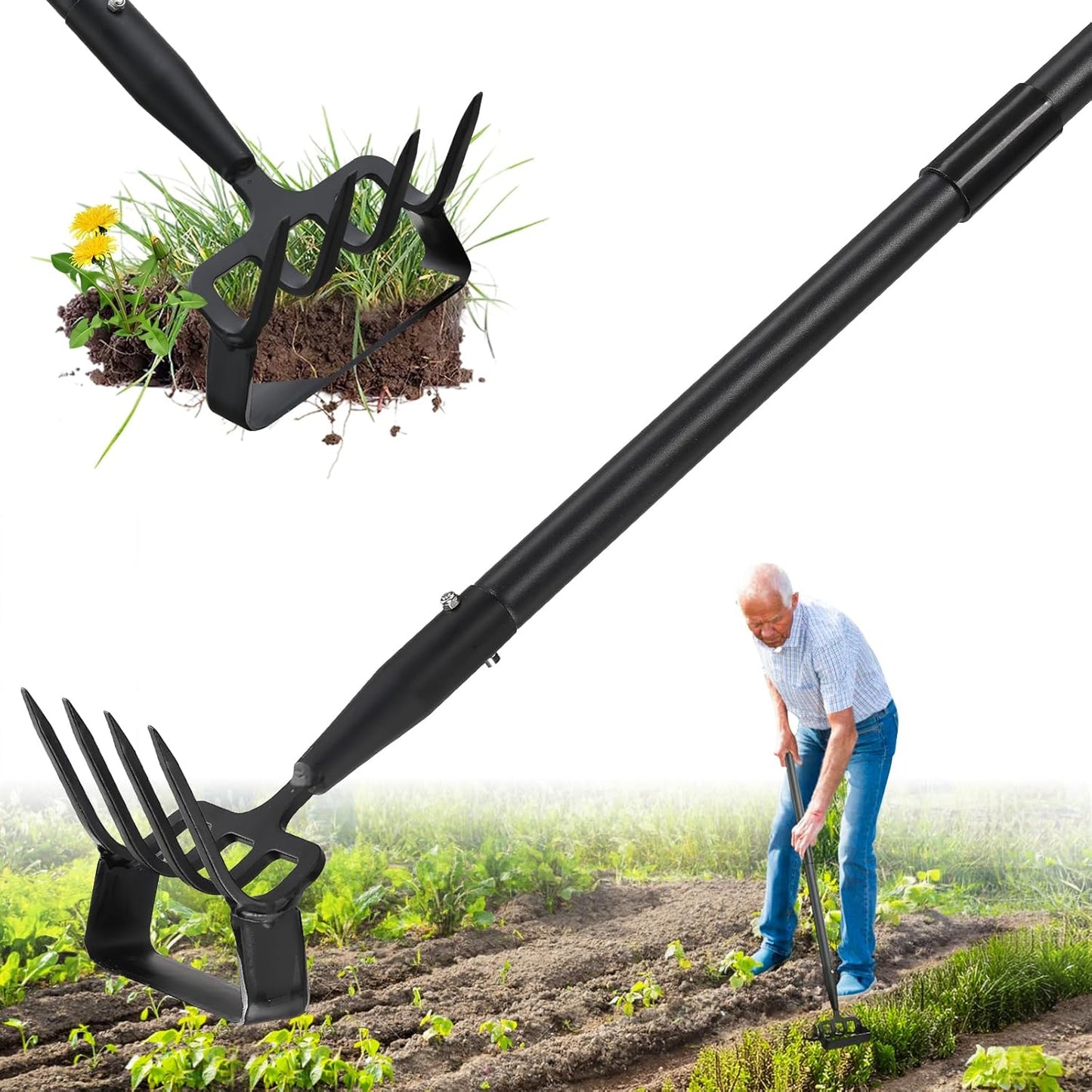 Garden Hoe, 2 in 1 Heavy Duty Stirrup Hoe and Cultivator for Weeding, Sharp Blade, 76 inch Long Handle, Lightweight Stand Push-Pull Hula Hoes Weeding Rake for Grass Removal, Aerating, Cultivating