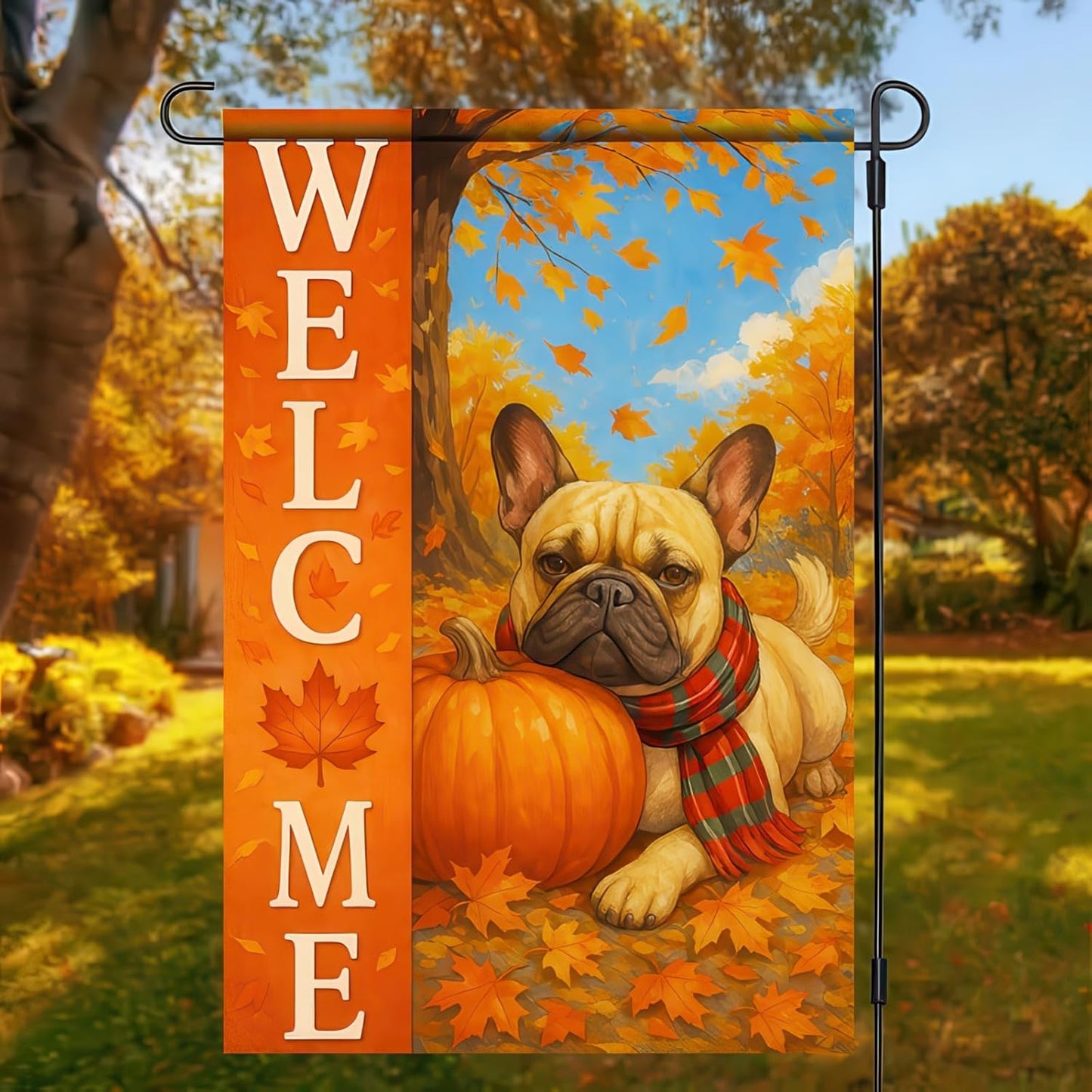 Thanksgiving Fall Garden Flag 12x18 Inch Welcome French Bulldog Dog Outdoor Flag Double Sided Autumn Yard Banner with Pumpkin Plaid Scarf Decor for Porch Lawn Patio