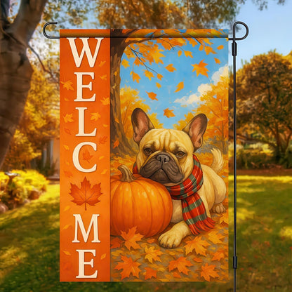 Thanksgiving Fall Garden Flag 12x18 Inch Welcome French Bulldog Dog Outdoor Flag Double Sided Autumn Yard Banner with Pumpkin Plaid Scarf Decor for Porch Lawn Patio