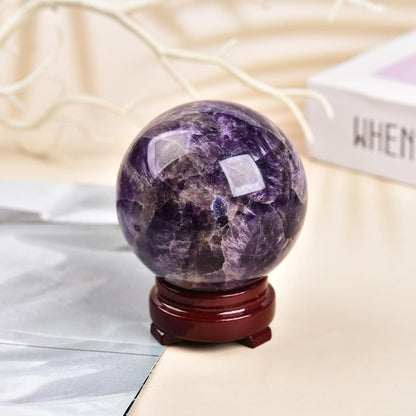 JIC Gem Chevron Amethyst Crystal Ball Healing Crystals Sphere with Wooden Stand Meditation Home Decor 2.3-2.7 inch (60-70mm)