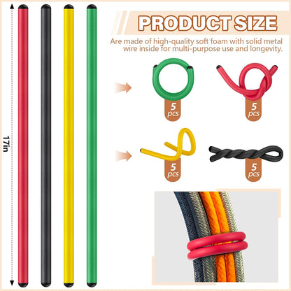 20 Pcs 17 Inch EVA Foam Twist Rubber Ties Reusable Bendable Cable Tie Straps Flexible Heavy Duty Twisty Ties for Organizing Cords Bundling (Red,Yellow,Green,Black)