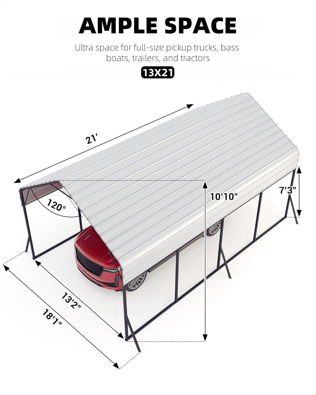GarveeLife 13 ft x21 ft x11 ft Oversized Metal Carport, Steel Heavy Duty Car Ports for All-Weather, Tall Carport for Full-Size Pickup Trucks, Boats, and Tractors, N.W. 660 LBS