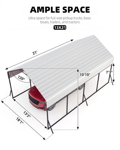 GarveeLife 13 ft x21 ft x11 ft Oversized Metal Carport, Steel Heavy Duty Car Ports for All-Weather, Tall Carport for Full-Size Pickup Trucks, Boats, and Tractors, N.W. 660 LBS