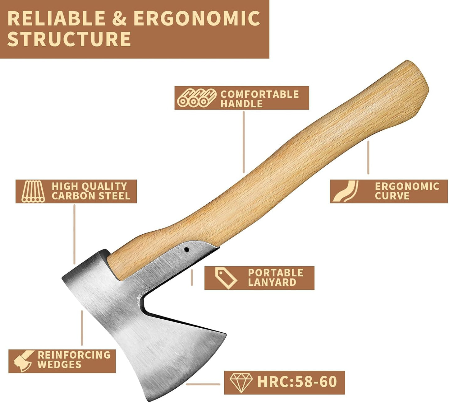 Camping Axe, 15'' Hatchet for Wood Splitting and Chopping, Gardening Small Axe Wooden Handle Tools with Sheath for Camping, Hiking (15inch)