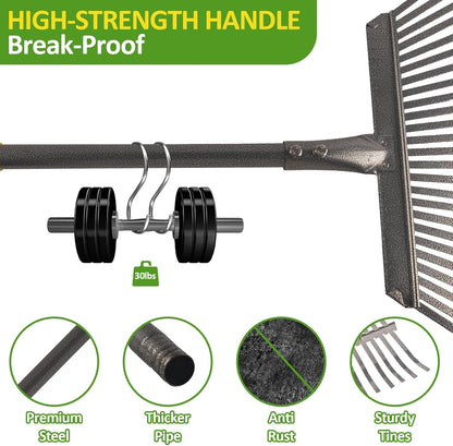 Garden Leaf Rake Set with 25 Tines, Heavy Duty Metal Rake for Leave (Adjustable 73" Long, 18" Wide) with 32 Gallon Reusable Leaf Bag, Ideal for Yard Lawn Shrub Gardening