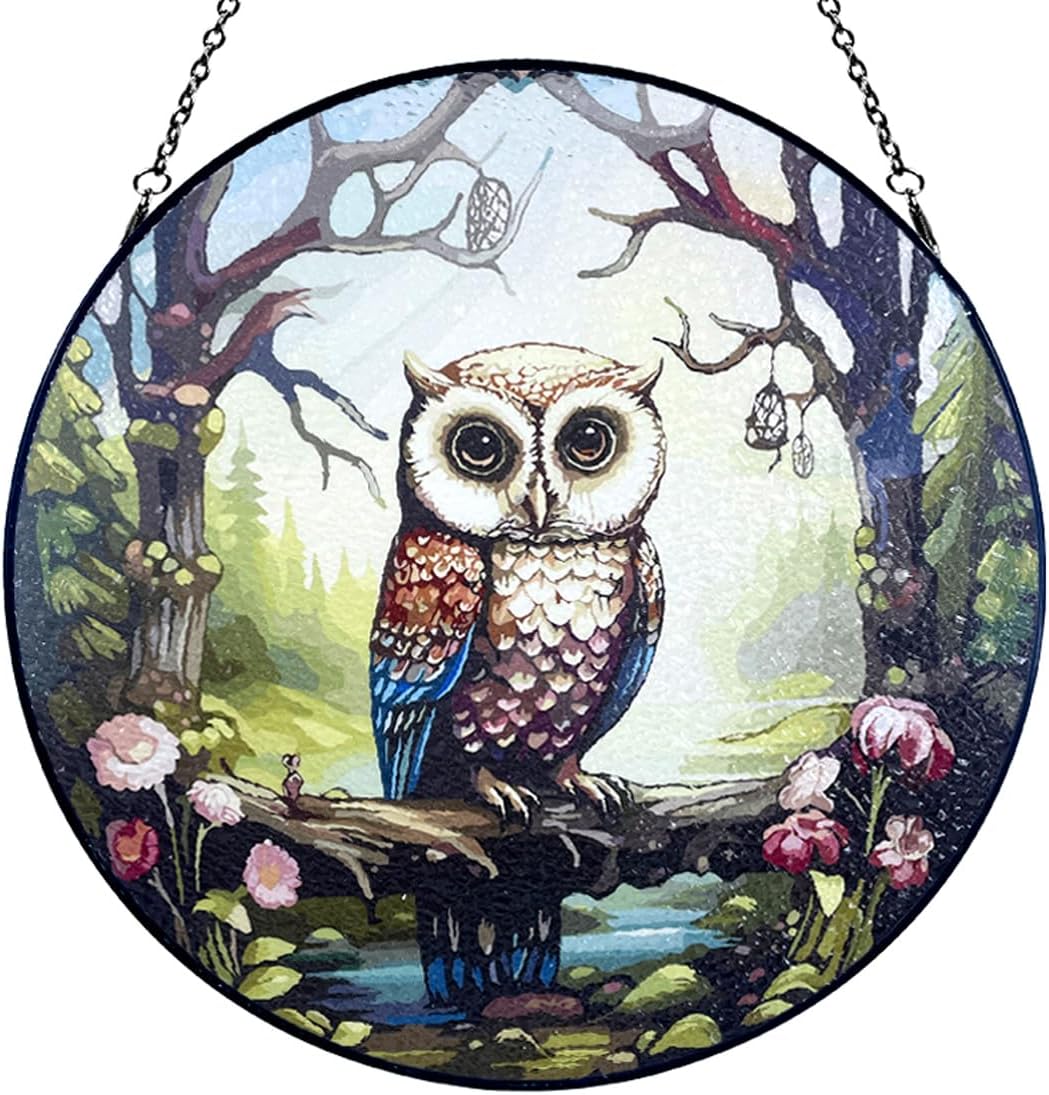 Launching at 12", Hand Painted Owl Stained Glass Hanging, Includes Metal Chain