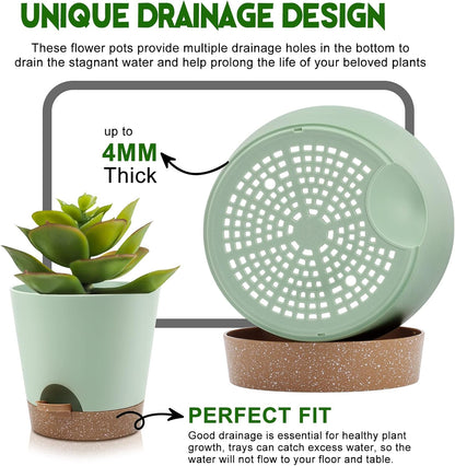Indoor Self Watering Planters with Drainage Holes and Saucers, 9,8, 7.5 Inches, Green, 3 Pots (Springgreen)