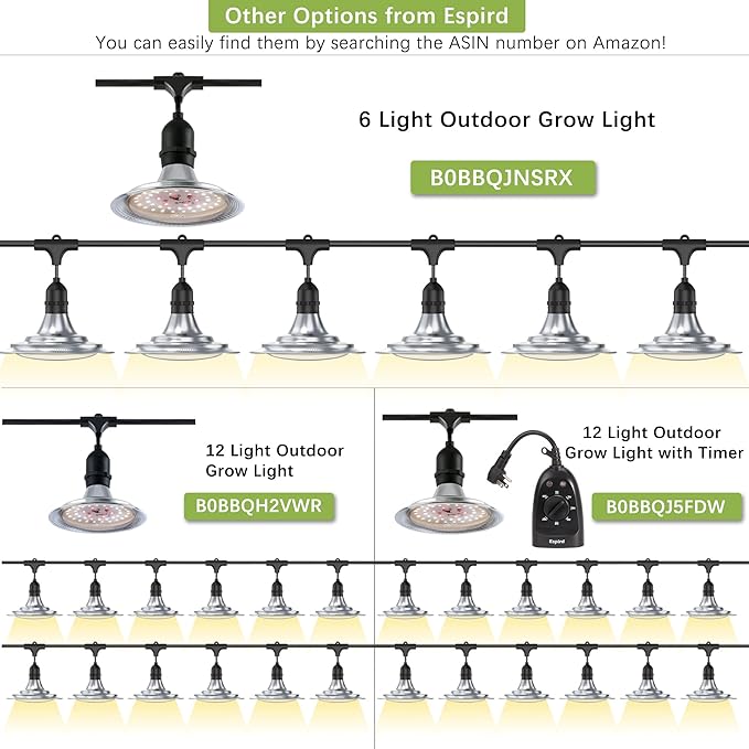 Espird Outdoor LED Grow Light with Timer, 6-Bulbs Full Spectrum Grow Light Strip, Waterproof Plant Lamps, UL Certified String Grow Lights for Greenhouse Garden, 21.3FT Light for Veg Seedling Flower
