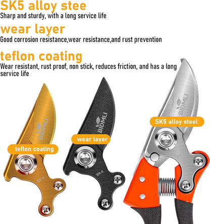 Heavy Duty Pruning Shears，Garden Scissors & Clippers with Red-BIDMLI 8.66" SK5 Steel Blades & Aluminum Alloy Handles, Tree Branch Cutter, Ideal for Thick Branches, Dry Twigs, Flower Pruning Tool.