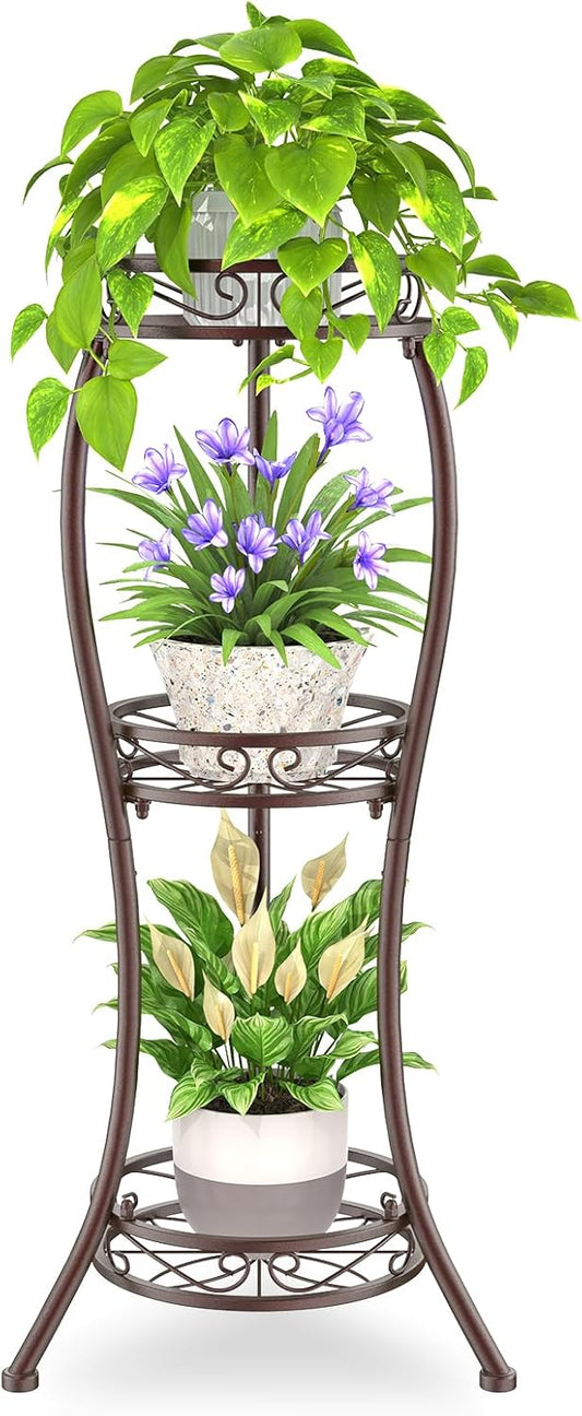 iDavosic.ly 3 Tier Tall Metal Plant Stand Indoor Outdoor, Wrought Iron Corner Flower Pot Holder Shelf, 34 Inch Vertical Display Rack for Patio Porch Living Room Garden, Bronze