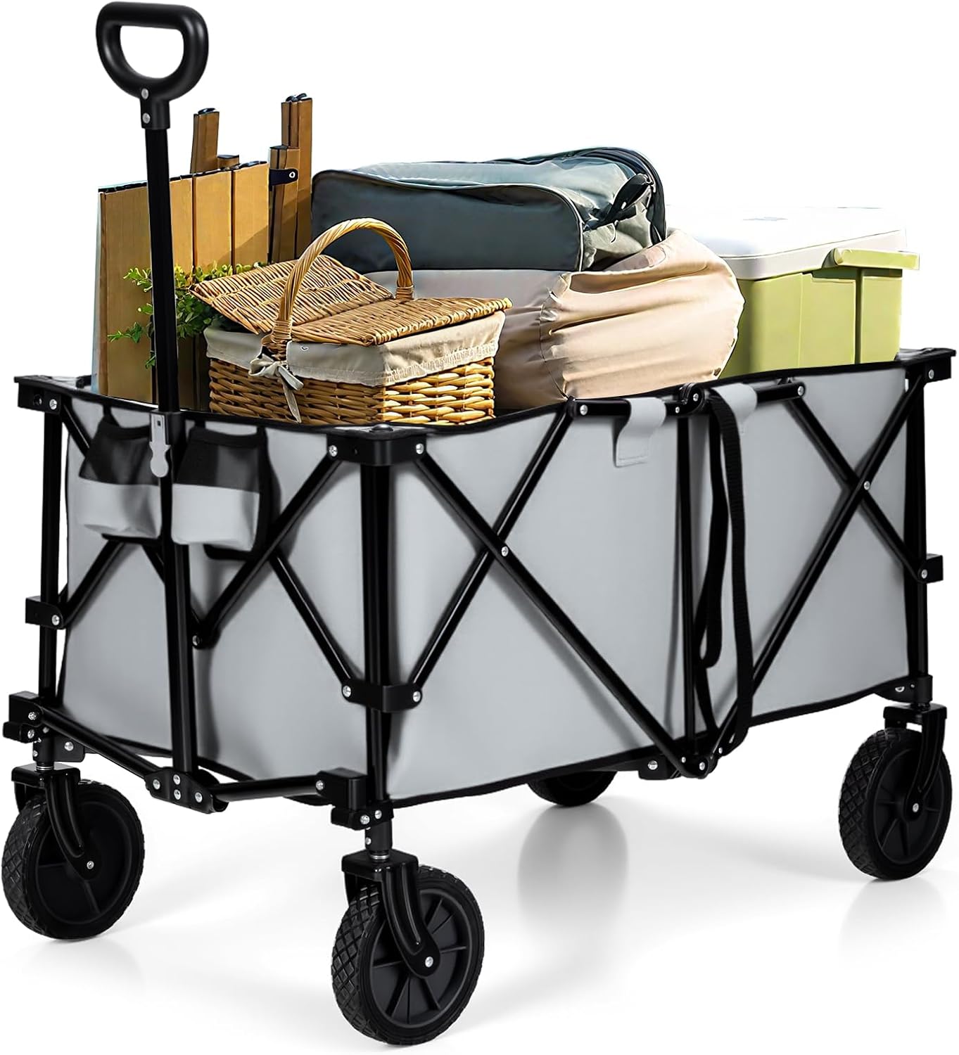 Goplus Collapsible Wagon, Folding Utility Wagon Cart w/Universal Wheels & Adjustable Handle & Cover Bag, Grocery Wagon for Garden Shopping Camping (Grey)