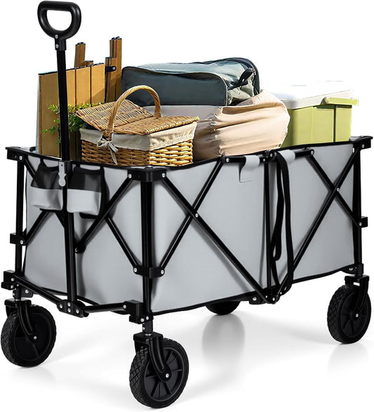 Goplus Collapsible Wagon, Folding Utility Wagon Cart w/Universal Wheels & Adjustable Handle & Cover
