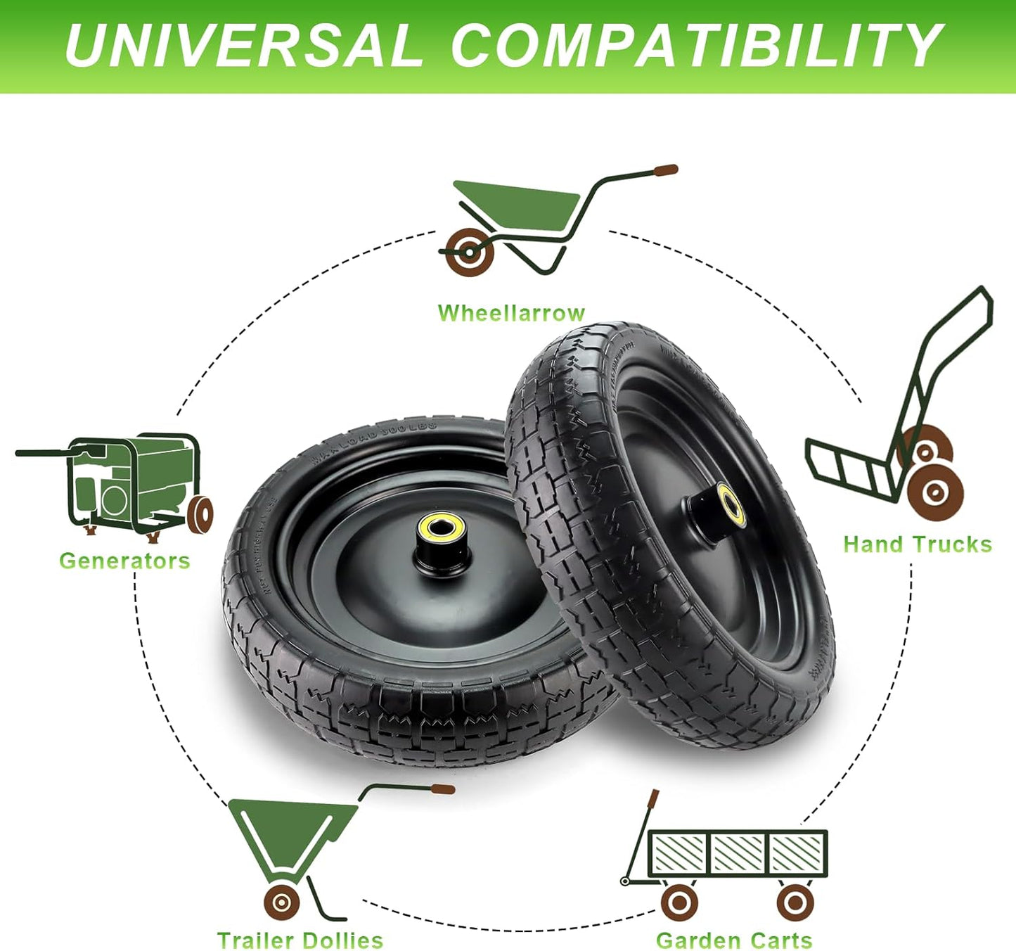 Cenipar 13" Flat-Free Tire and Wheel for 13"Garden Cart Tire Replacement with 5/8" Axle Borehole, 2.1" Offset Hub, 3.15" Wide Tires Used for Wheelbarrow Garden Cart and Trolleys, 2-Pack