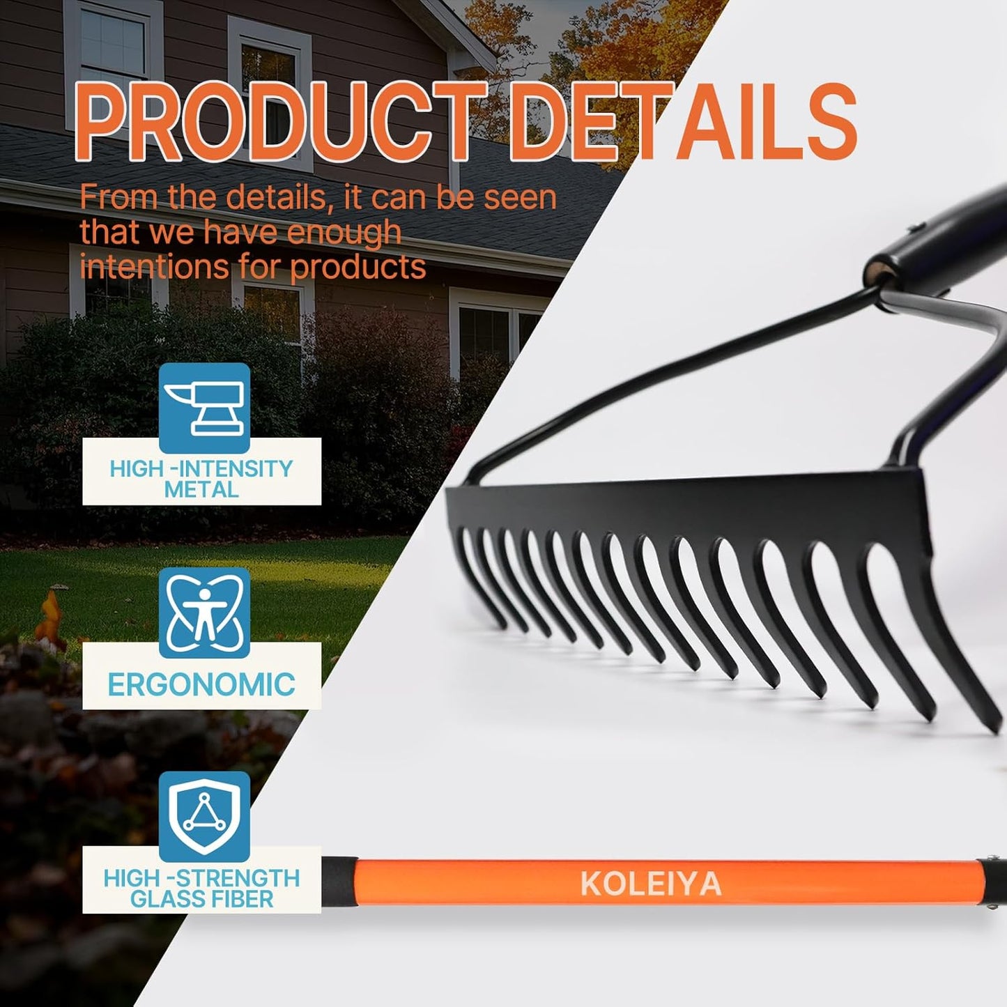 Garden Rake Heavy Duty, 14-Tine Bow Rake with 57" Fiberglass Handle, for Soil Leveling, Lawn Care, Mulch Spreading, Leaf and Debris Cleanup