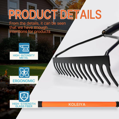Garden Rake Heavy Duty, 14-Tine Bow Rake with 57" Fiberglass Handle, for Soil Leveling, Lawn Care, Mulch Spreading, Leaf and Debris Cleanup