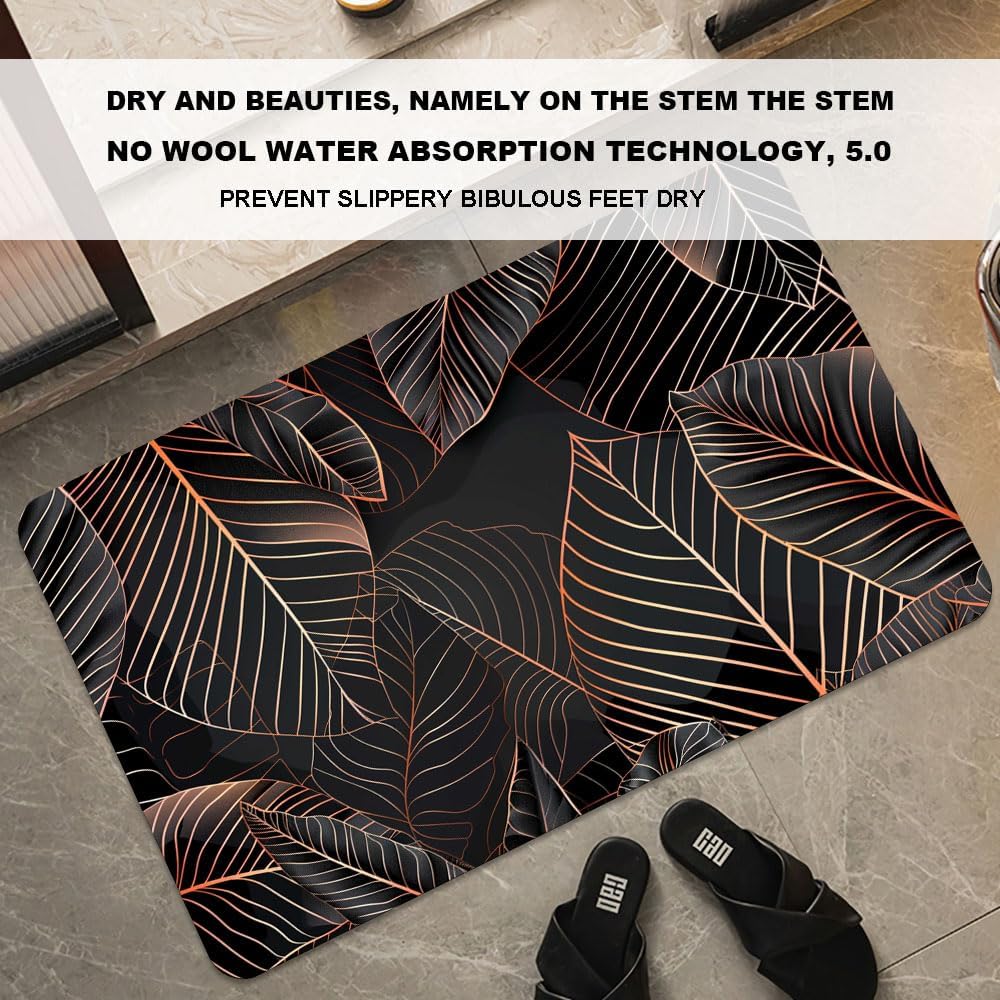 Bath Mat-Bathroom Rug，Black Rose Gold line Leaves-Absorbent Non Slip Quick Dry Stain Resistant Easy to Clean Care Shower Rug for Bathtub Shower Room 16×24Inch (40 * 60cm)