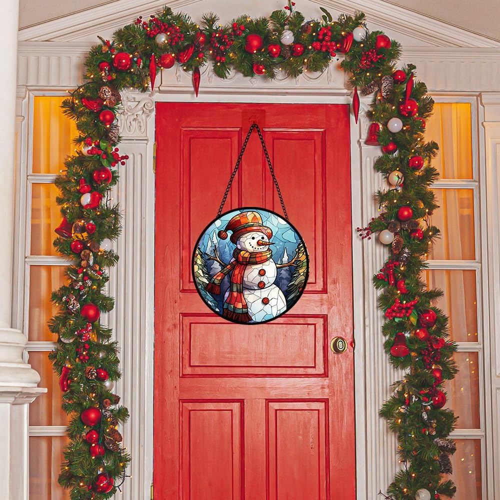Snowman Stained Glass Window Hanging, Snowman Suncatcher Panel for Indoor Outdoor, Xmas Glass Hanging Ornament for Wall, Balcony, Porch Décor, Christmas Party Decoration Gifts for Boys Girls, Family