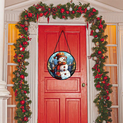 Snowman Stained Glass Window Hanging, Snowman Suncatcher Panel for Indoor Outdoor, Xmas Glass Hanging Ornament for Wall, Balcony, Porch Décor, Christmas Party Decoration Gifts for Boys Girls, Family