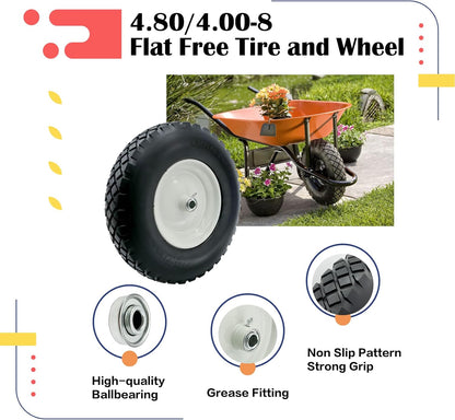 2-Pack 4.80-8 Wheelbarrow Tire and wheel with 3"-6''Centered Hub, 3/4" or 5/8''or 1/2'' Bearings, 16‘’ Tire Assembly for Hand Truck,Garden Cart (4.80/4.00-8 Flat Free,3"Center Hub,Knobby Tread)