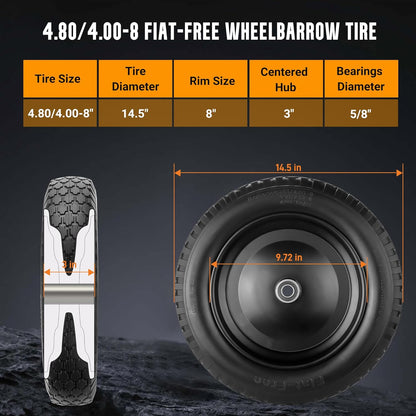 Wheelbarrow Tire 4.80/4.00-8 Flat-Free Tire and Wheel 14.5" Solid Wheelbarrow Tires with 3"-7" Centered Hub and 5/8" & 3/4" Bearings for Hand Truck, Trolley, Garden Cart, Wagons (2 Pack)