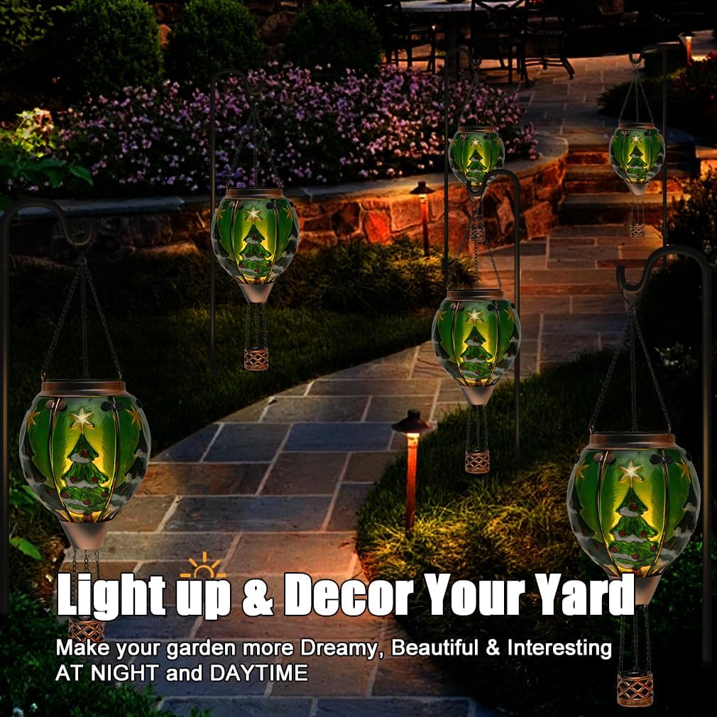Solar Powered Hot Air Balloon Lantern - Christmas Tree Glass Lantern, Simulated Flickering & Dancing Flame, Outdoor Hanging Yard Light Waterproof IP65 for Patio Lawn Porch New Year Decor Gift