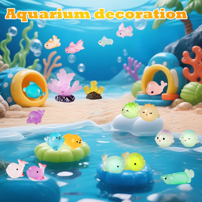 Luminous Mini Resin Ocean Animals Tiny Resin Sea Animal Tiny Turtle Octopus Dolphin Shark Miniature Figurines for Fish Tank Decorations, Glow in The Dark for Garden Miniatures Accessories 50 pcs