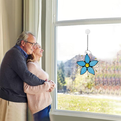Stained Glass Window Hanging Flower Ornaments,Forget Me Not Blue Flower Suncatcher for Window, Home Decor of Living Room, Gift for Women Valentine's Day & Birthday & Christmas.