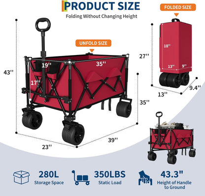 35" Foldable Wagon for Beach with 350lbs Weight Capacity, Heavy Duty 280L Extra Large Collapsible Foldable Wagon for Camping, All Terrain Beach Wagons Extended with Cup Holders for Sand