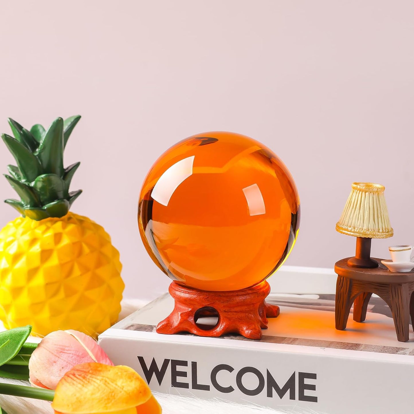 Amber Crystal Ball 80mm/3.1 inch with Rose Wooden Stand and Gift Box for lensball Photography,Fortune Teller,Feng Shui, Witchcraft Decor,Scrying,Magic,Quartz Crystal Orb Prop Decorative Glass Sphere