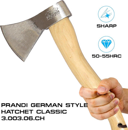 Prandi Axes German Style C45 Forged Carbon Steel Hatchet - Hickory Handle with Leather String - Lightweight Axe for Camping, Chopping, and Cutting - S/N 3.003.06.CH - 14.17" L x 5.90" W, No Sheath