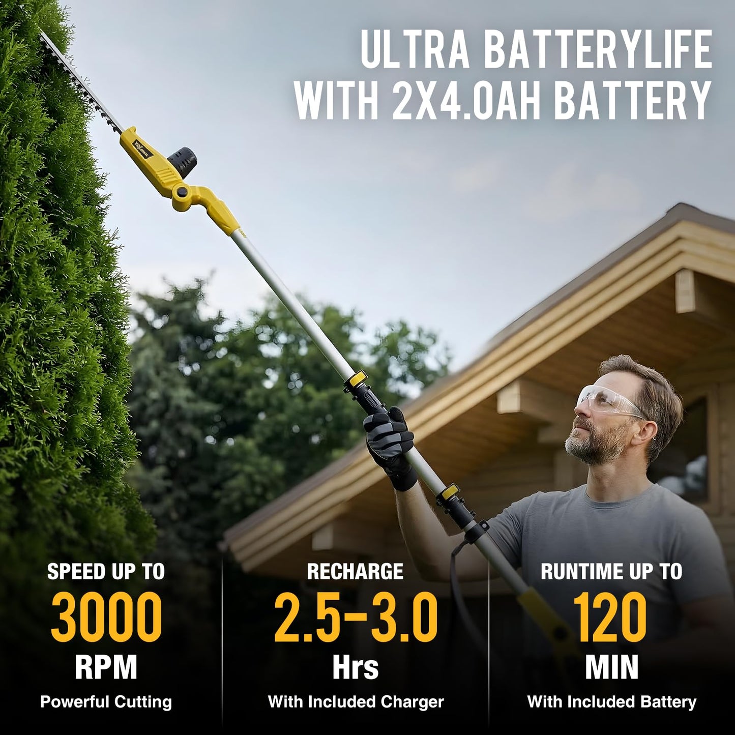 YDlawn 20V Cordless Pole Hedge Trimmer, 15 Ft Reach, 2 x 4.0Ah Batteries