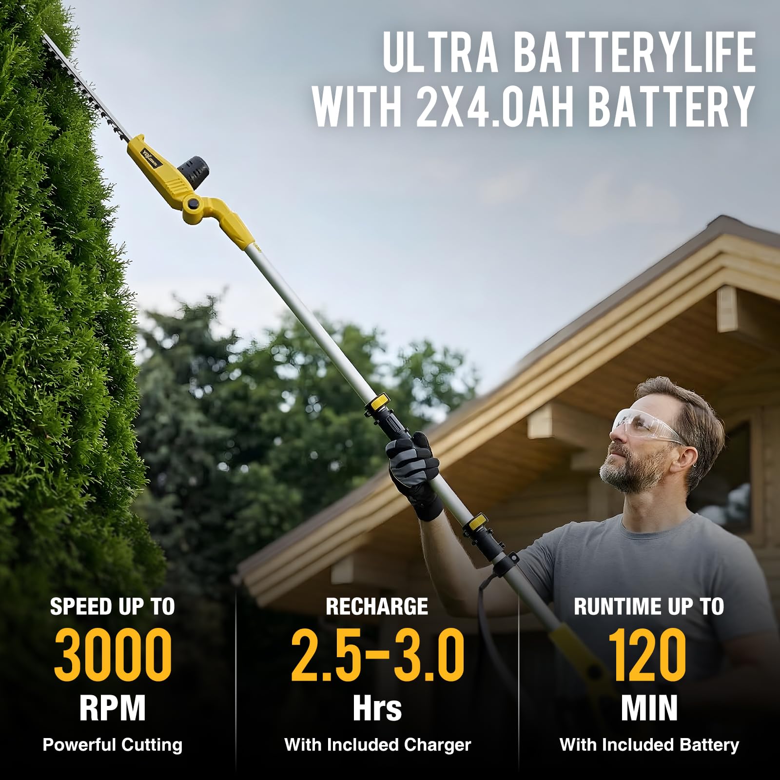 YDlawn 20V Cordless Pole Hedge Trimmer, 15 Ft Reach, 2 x 4.0Ah Batteries