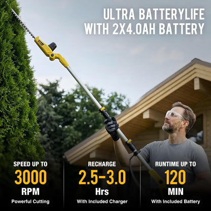 YDlawn 20V Cordless Pole Hedge Trimmer, 15 Ft Reach, 2 x 4.0Ah Batteries