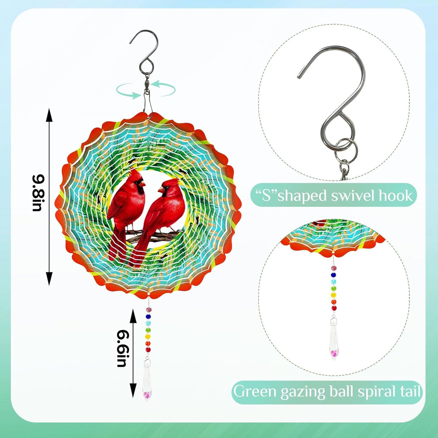 Cardinal Wind Spinner Crystal Tail, Marzovitra 10 inch 3D Stainless Steel Hanging Wind Spinner Metal Wind Catchers Kinetic Sculpture for Indoor,Outdoor Garden Decor,Yard Art