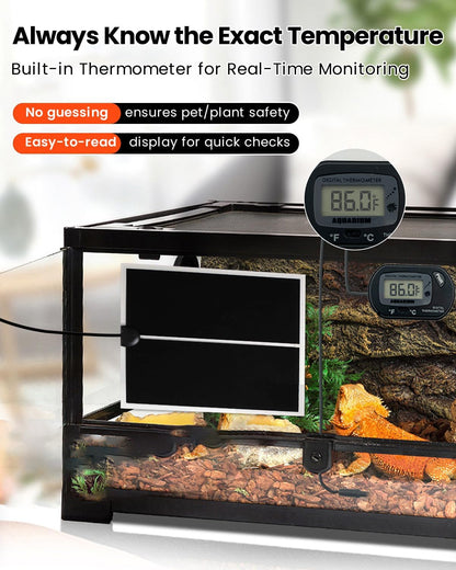 MQ Reptile Terrarium Heat Pad with LCD Digital Aquarium Thermometer, 11 x 11in Power Adjustment Under Tank Heater Mat for Pets, Small Animals, Seedling, 14W