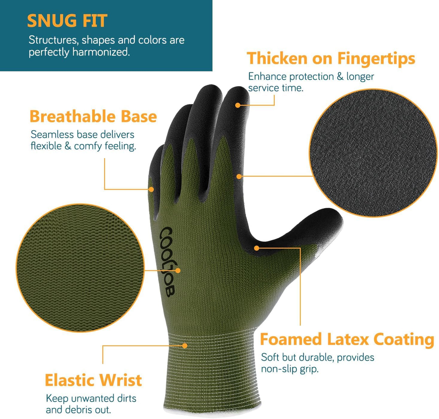 COOLJOB Gardening Gloves for Men, 2 Pairs Breathable Rubber Coated Garden Gloves for Weeding Landscaping, Outside Work Gloves for Lawn Yard, Men’s Medilum Size, Black & Green (2 Pack M)