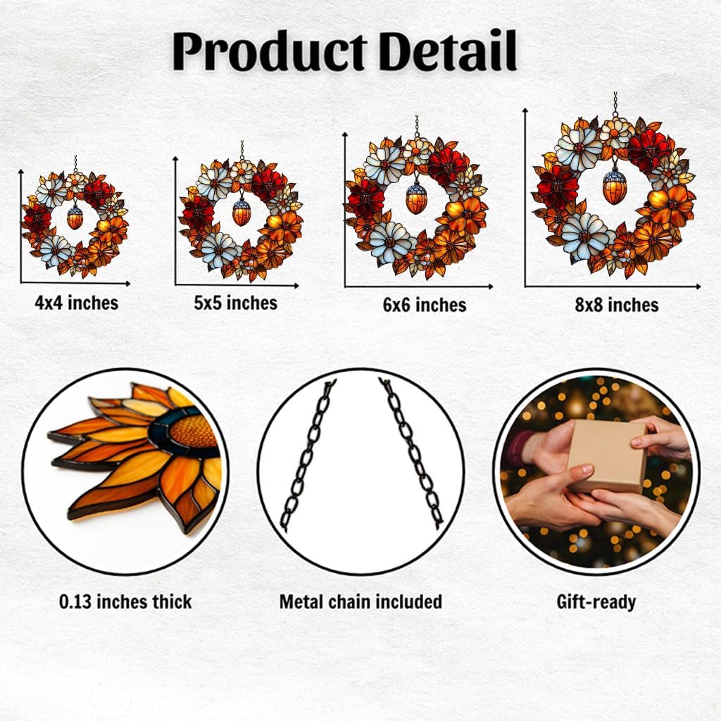 Autumn Floral Wreath Acrylic Suncatcher Stained Glass Effect Window Car Hanging Christmas Ornament Indoor Outdoor Decor Garden Sun Catcher Panel for Acrylic Suncatcher Lover for Women Mom Grandma