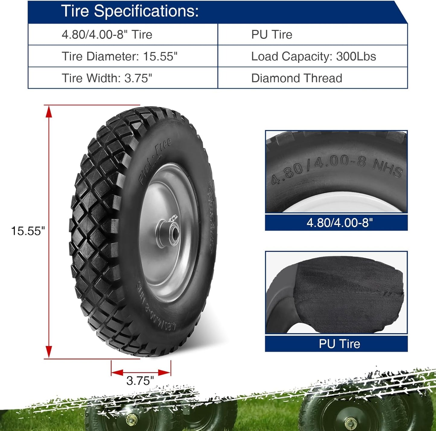 MaxAuto Wheelbarrow Tires 4.80 4.00-8 Flat-Free 4.80/4.00-8 Tire and Wheel w/Grease Fitting, 3" Centered Hub, 3/4" Bearings, 4.80 4.00-8 Tire for Hand Truck, Trolley, Garden Cart, Wagons, Gray